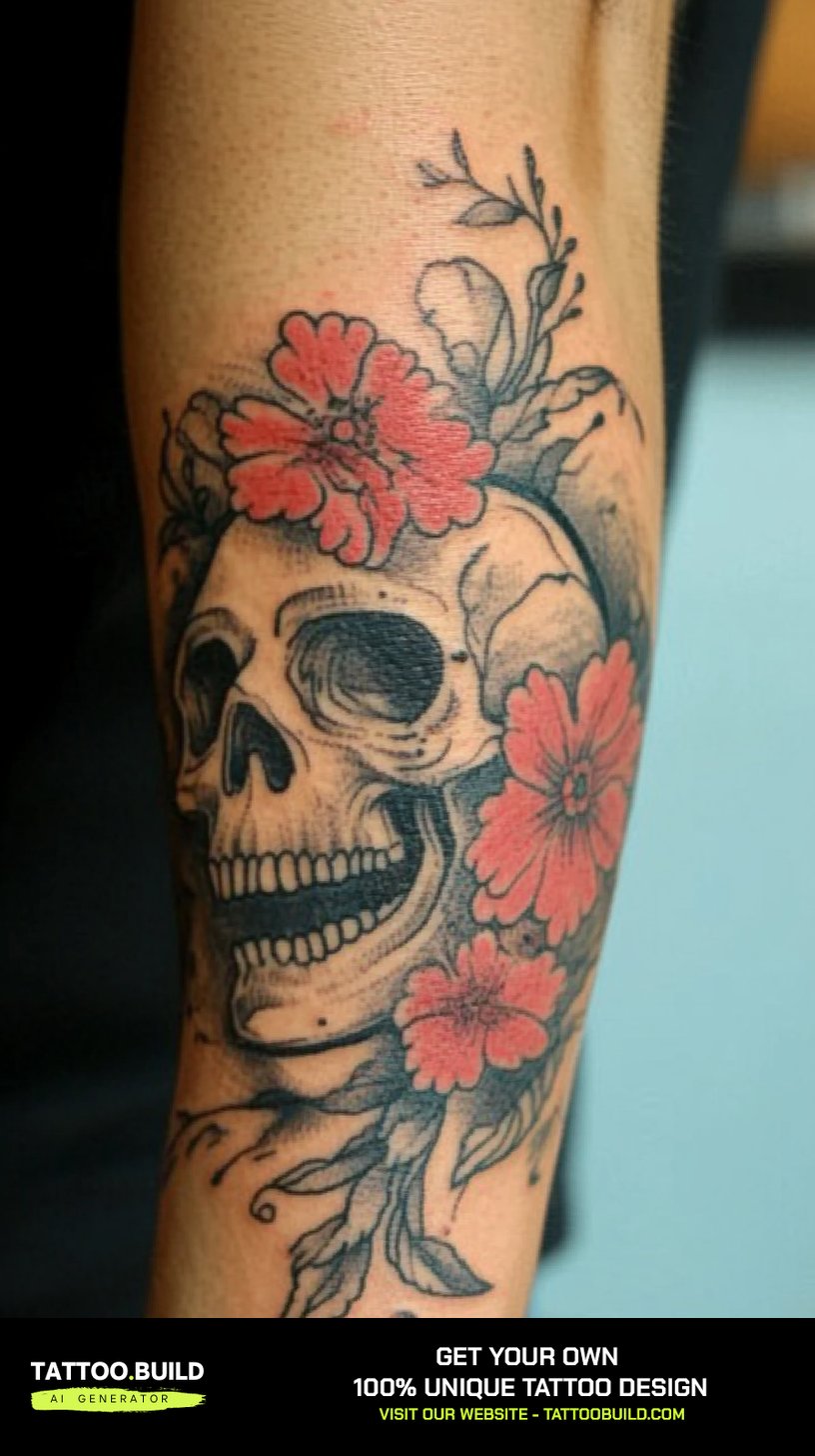 Skull and flower tattoo on the forearm with bright red poppies surrounding a black and grey skull