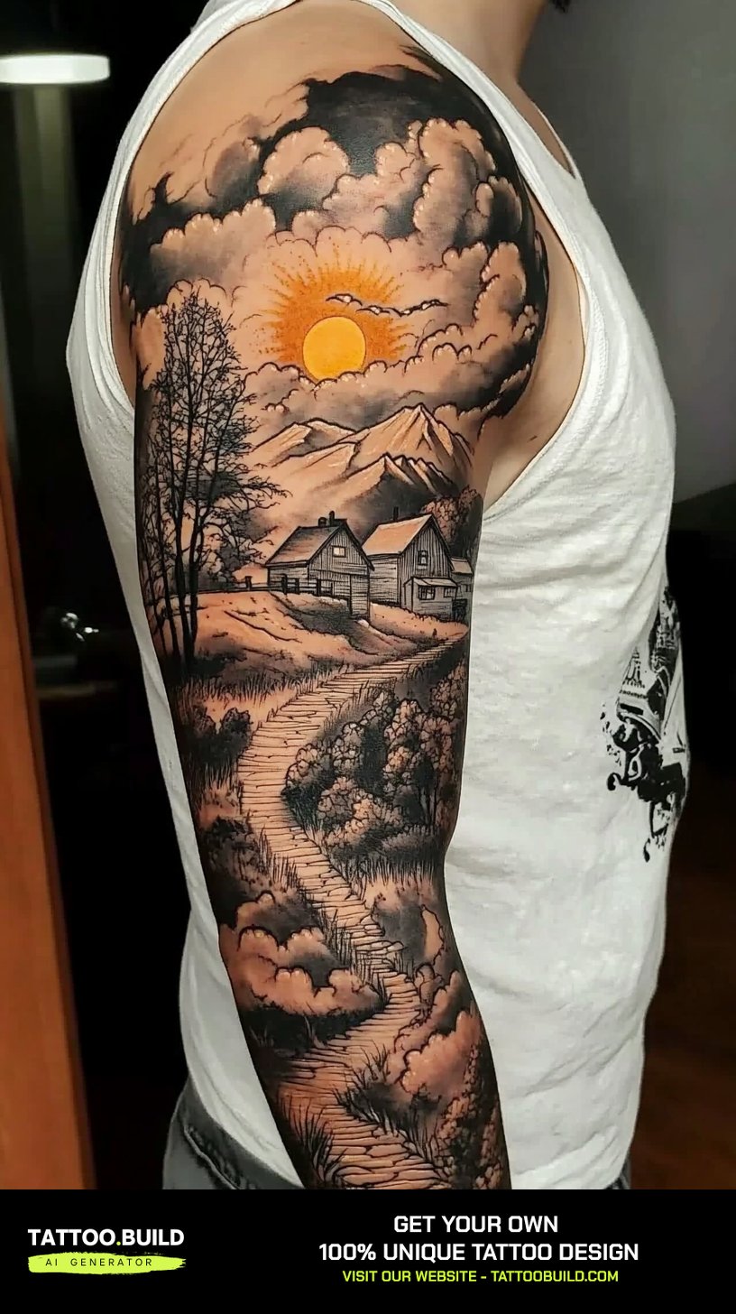 Sun tattoo for men glowing through clouds in a black and grey full sleeve landscape