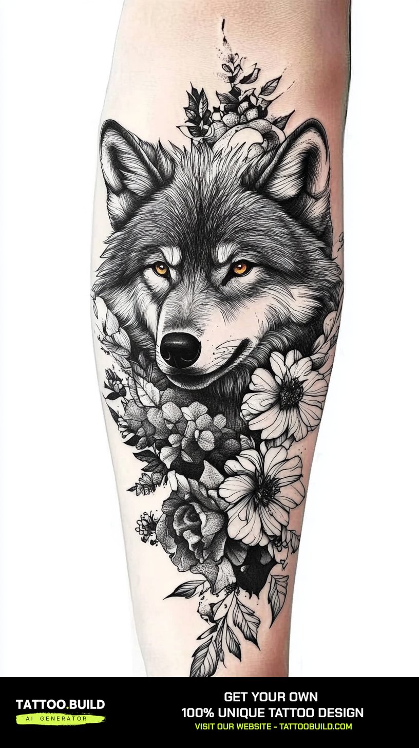 Realistic wolf tattoo portrait with shaded flowers beneath it on the forearm
