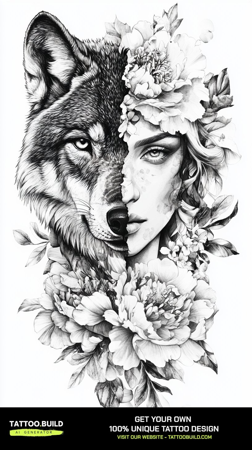Half sleeve tattoo drawing splitting a wolf face and a woman's face with peonies filling the lower panel