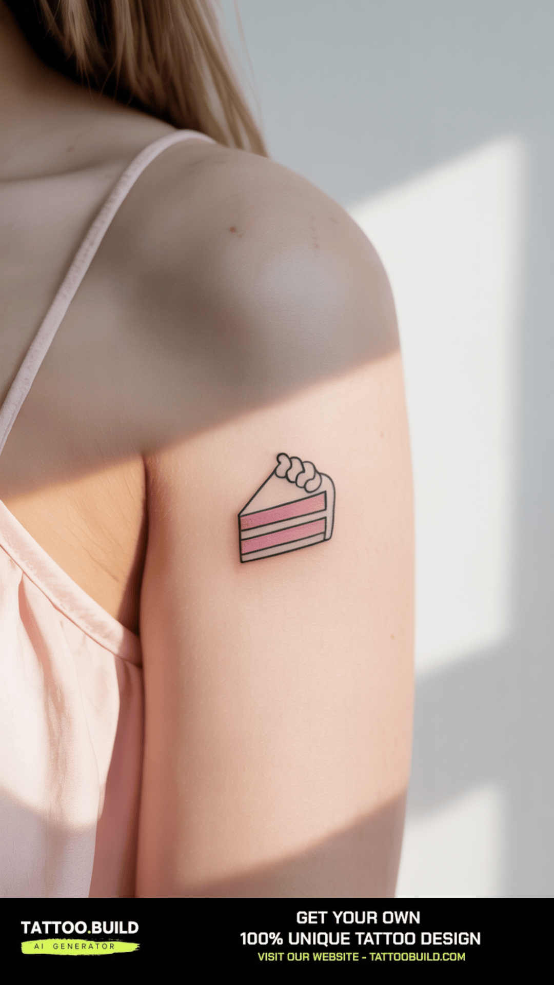Minimalist chef tattoo of a slice of cake outlined on the shoulder