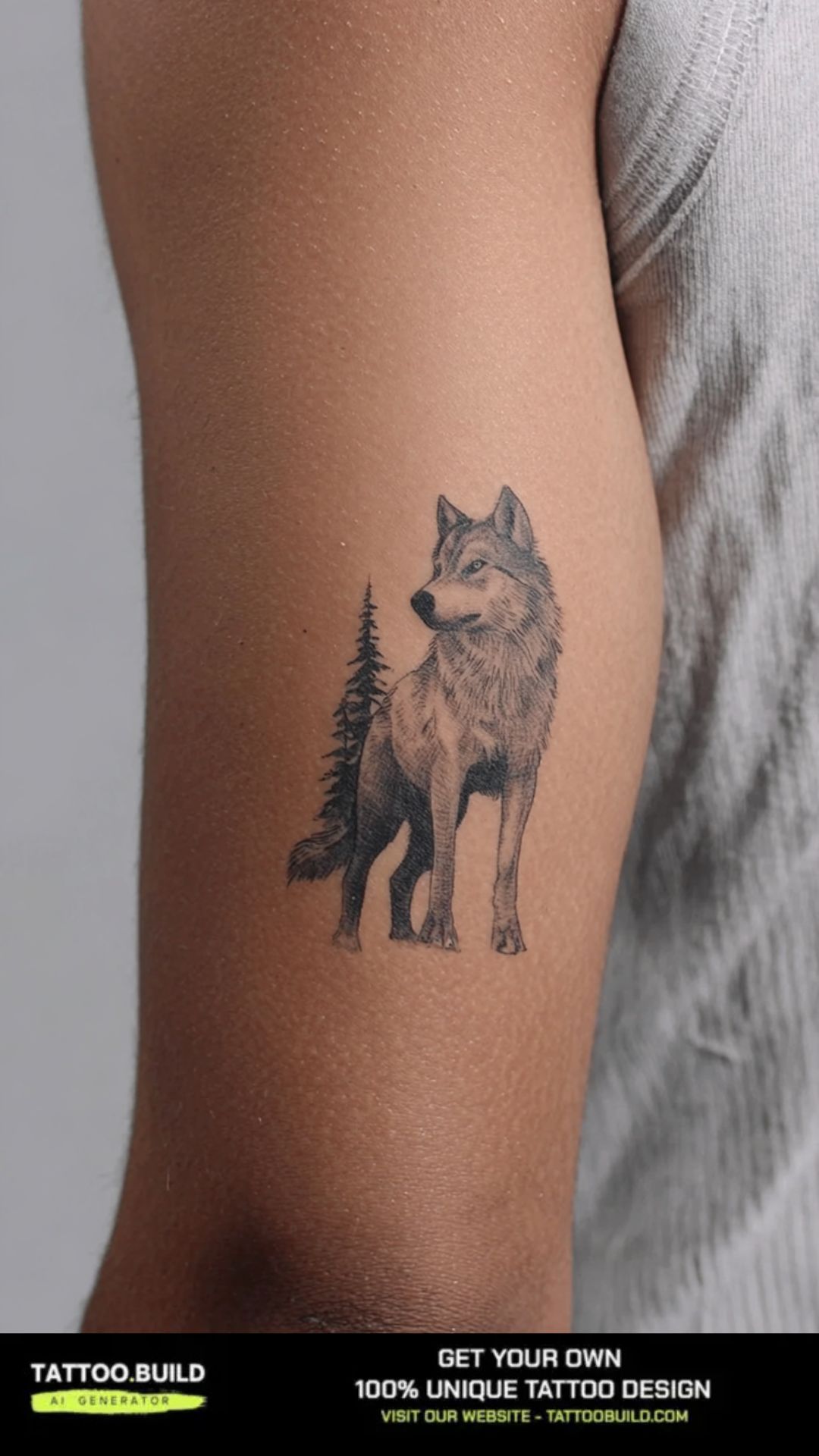 Small wolf tattoo of a standing wolf with pine trees behind it in black and grey on the upper arm.