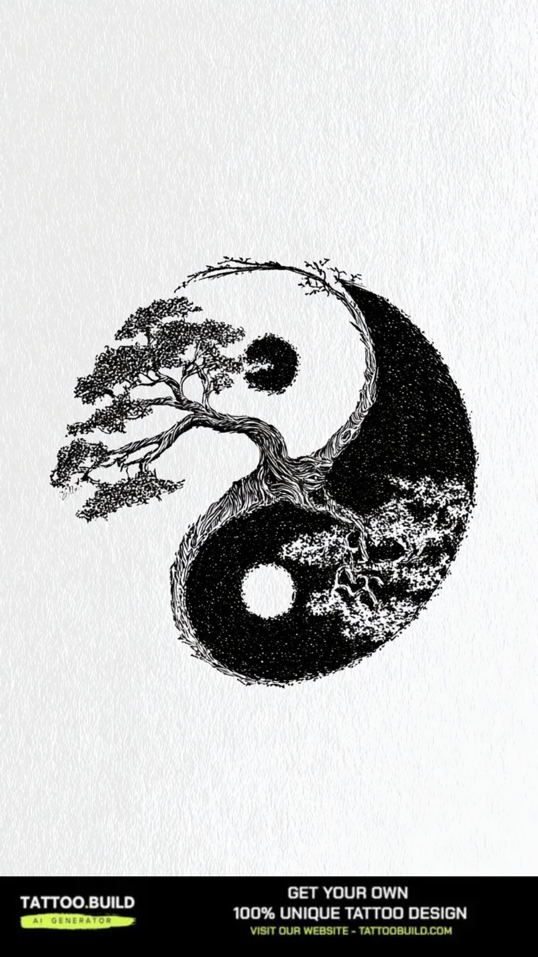 Yin and yang tree tattoo drawing formed from two mirrored trees in black and white.