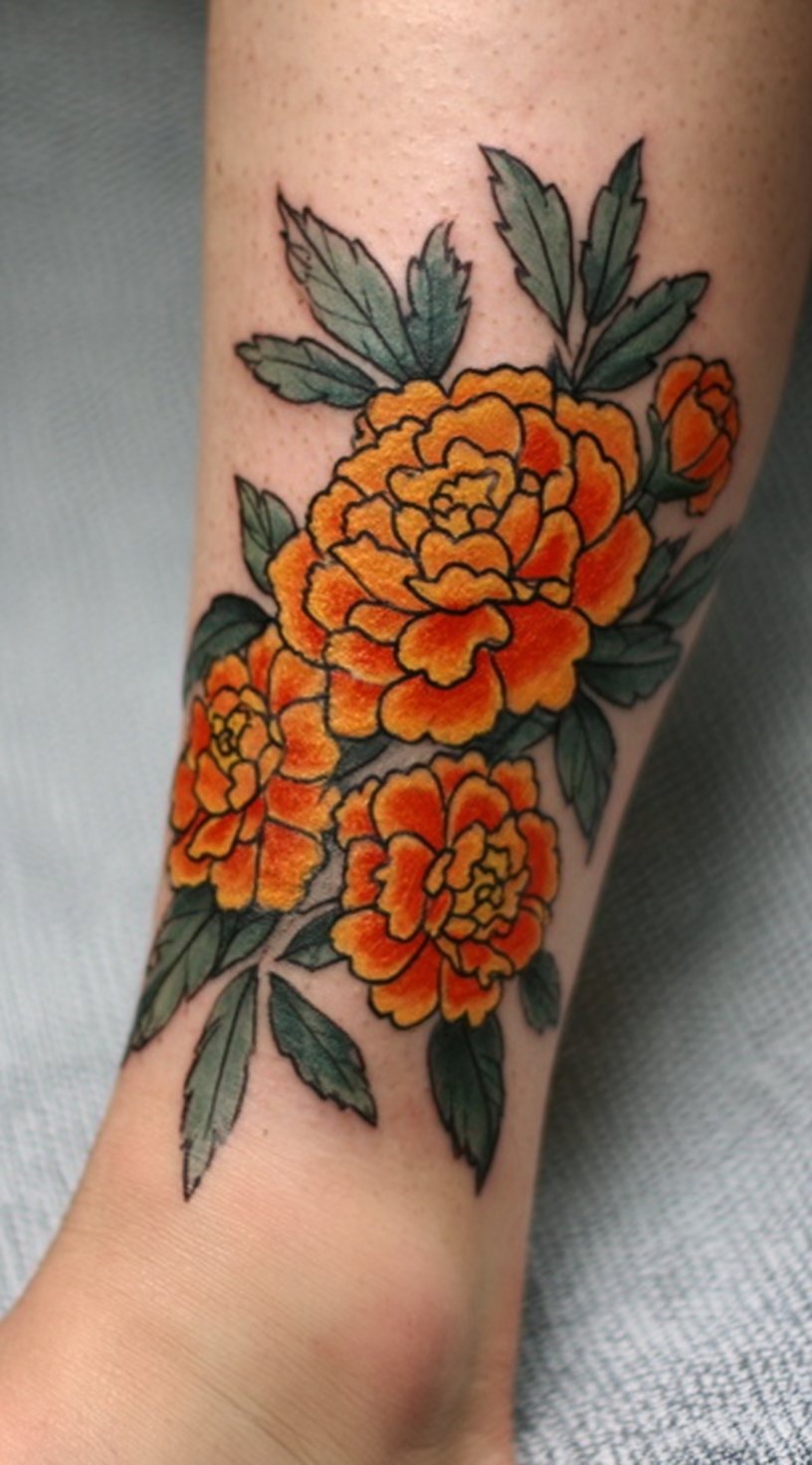 Bold orange marigold birth flower tattoo with dark green leaves on the lower leg