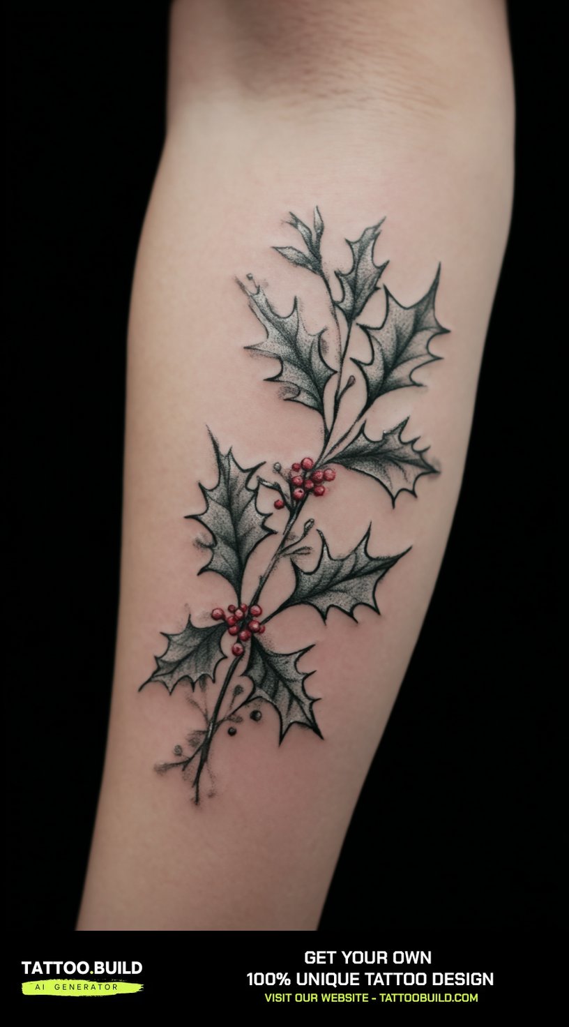 Holly birth flower tattoo with red berries and green leaves on the forearm