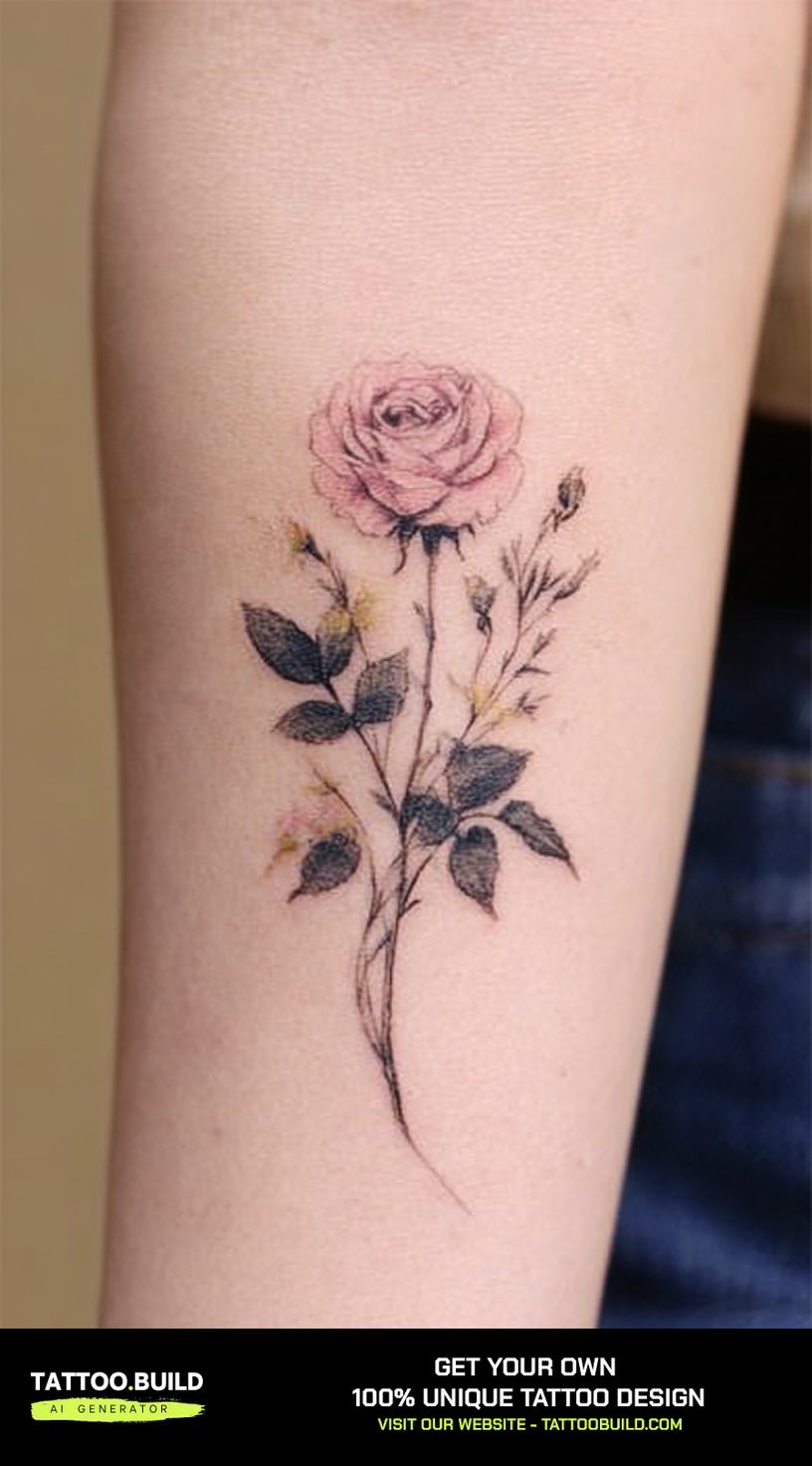 Soft pink rose birth flower tattoo with muted watercolour shading on the forearm