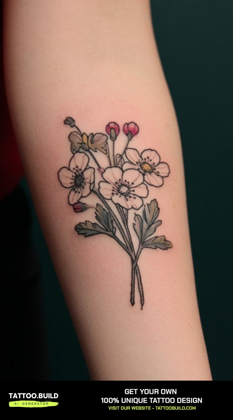 Hawthorn birth flower tattoo with white blossoms and red buds on the forearm