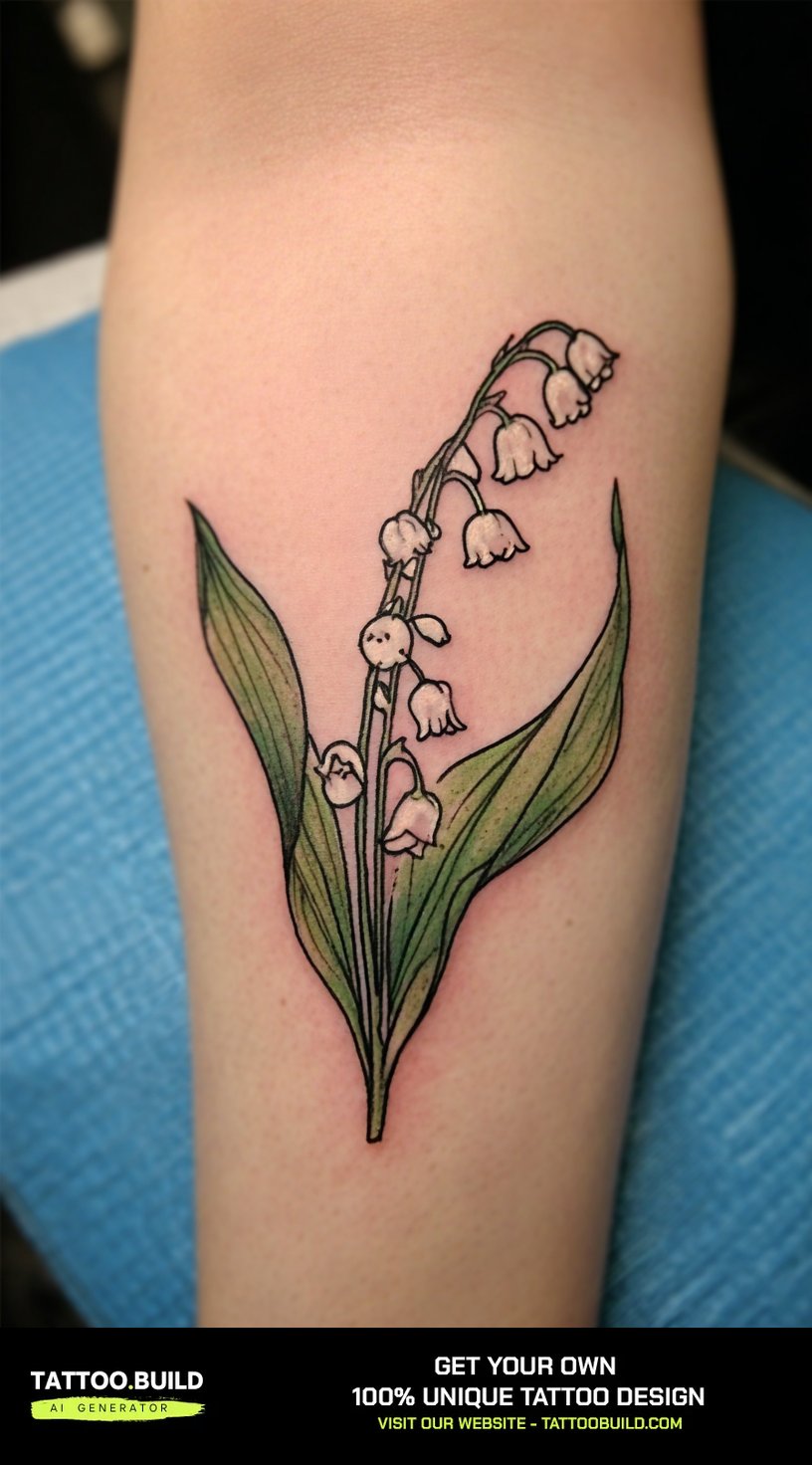 Lily of the valley birth flower tattoo with green leaves and white bells on the forearm