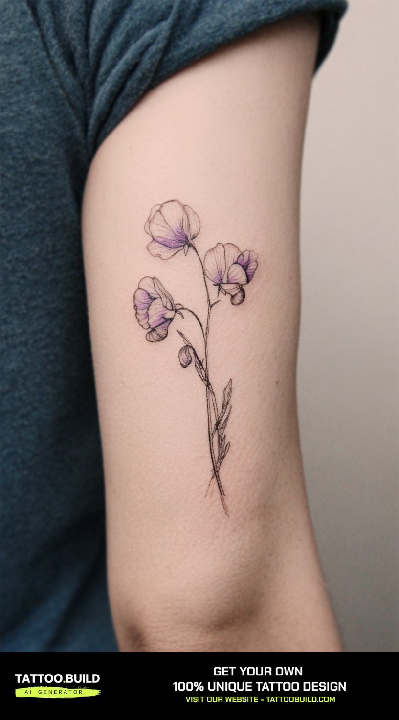 Pale lavender sweet pea birth flower tattoo on the back of the upper arm