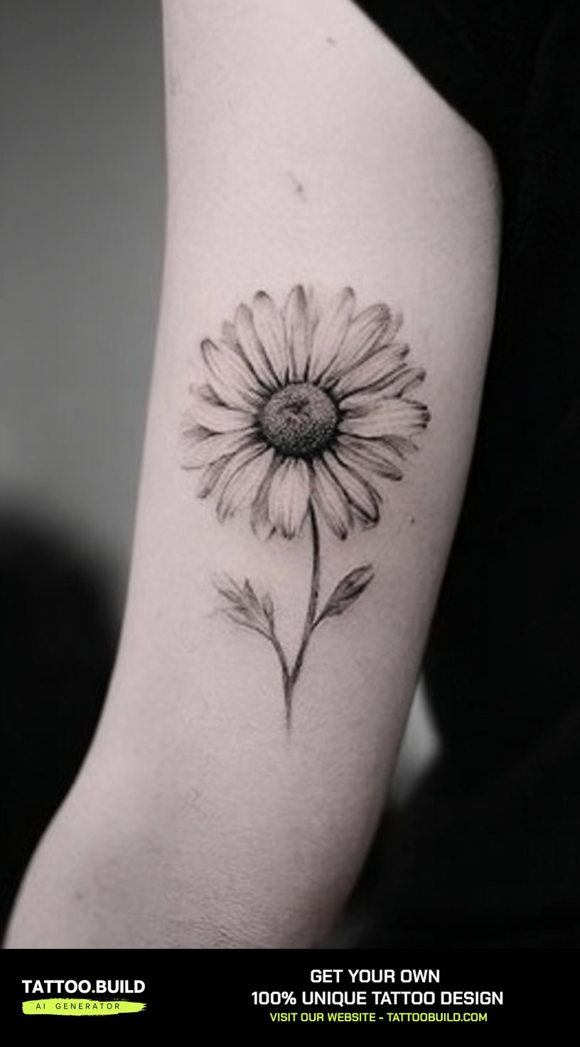 Black and grey daisy birth flower tattoo with fine stippled shading on the upper arm