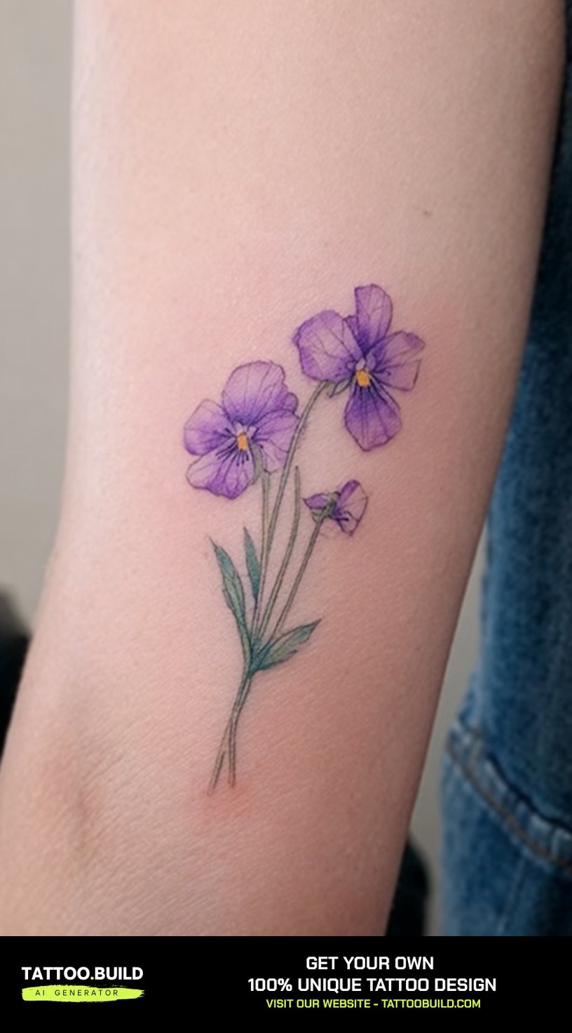 Purple violet birth flower tattoo with green stem and leaves on the inner arm