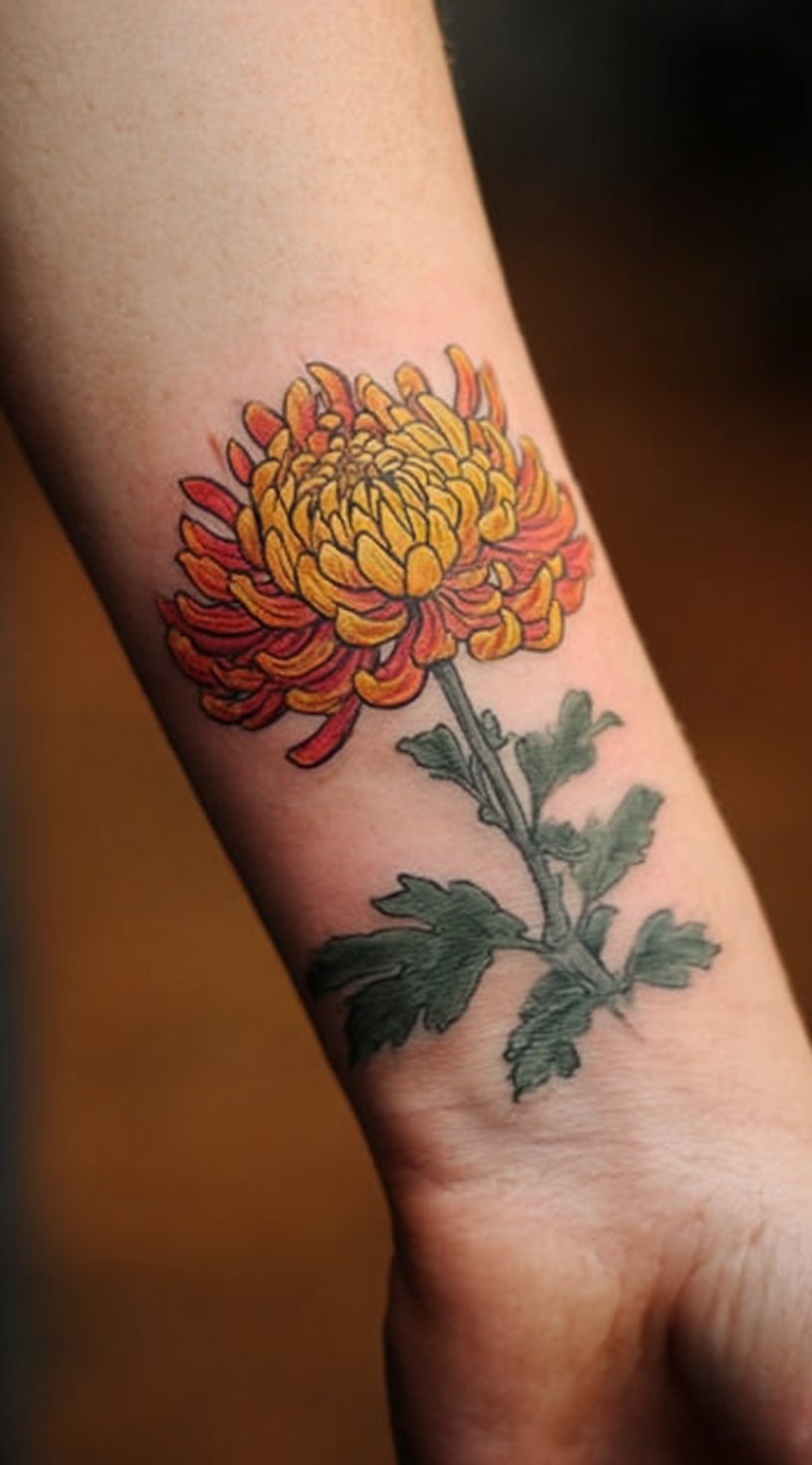 Orange and yellow chrysanthemum birth flower tattoo wrapping the forearm