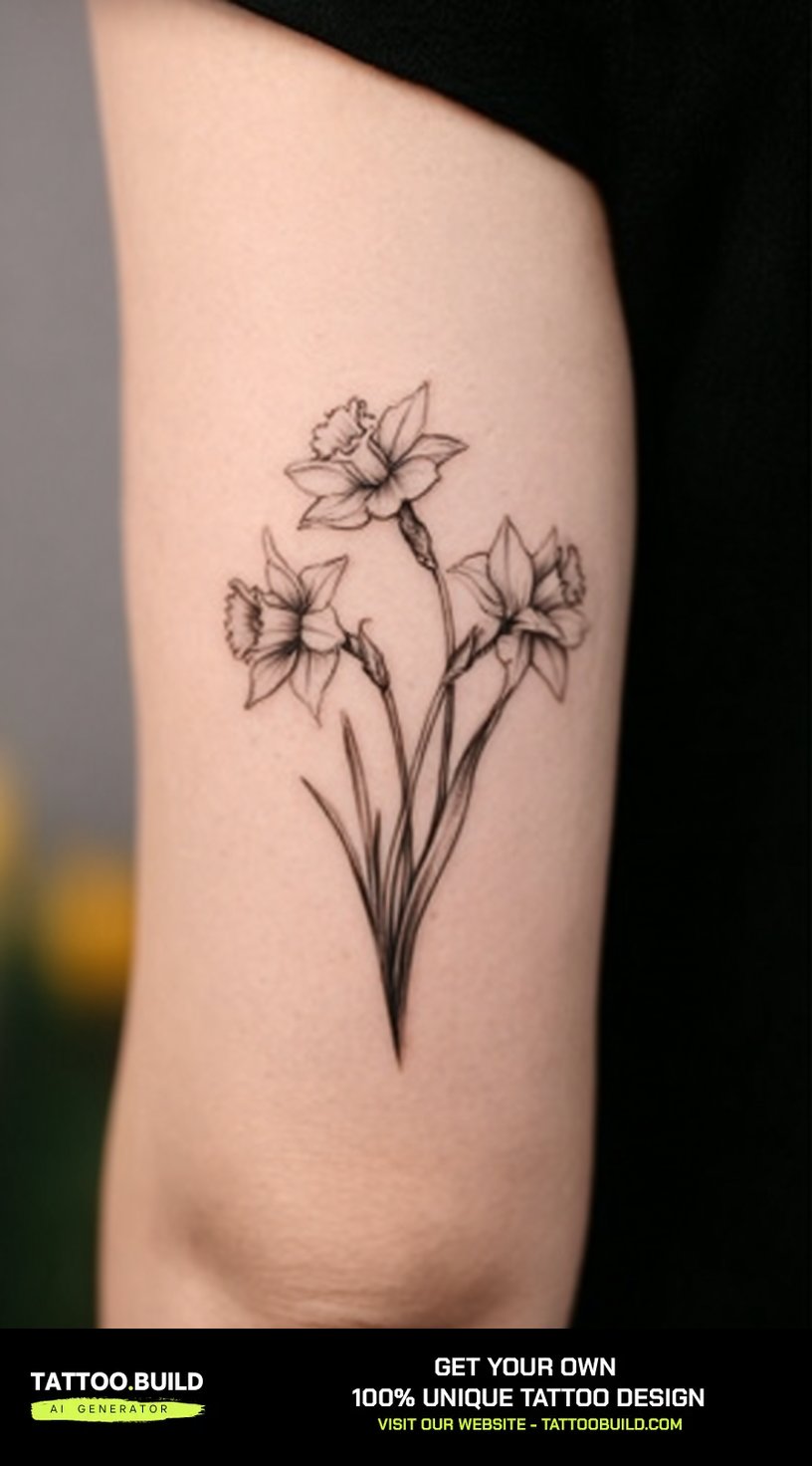 Narcissus birth flower tattoo in fine black line work on the inner arm