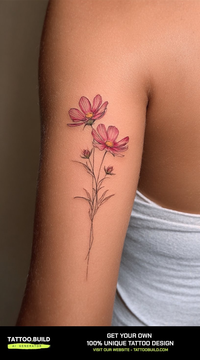 Pink cosmos birth flower tattoo with slender stems on the back of the upper arm