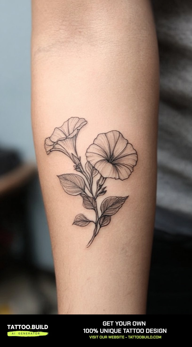 Delicate morning glory birth flower tattoo in fine black line work on the forearm