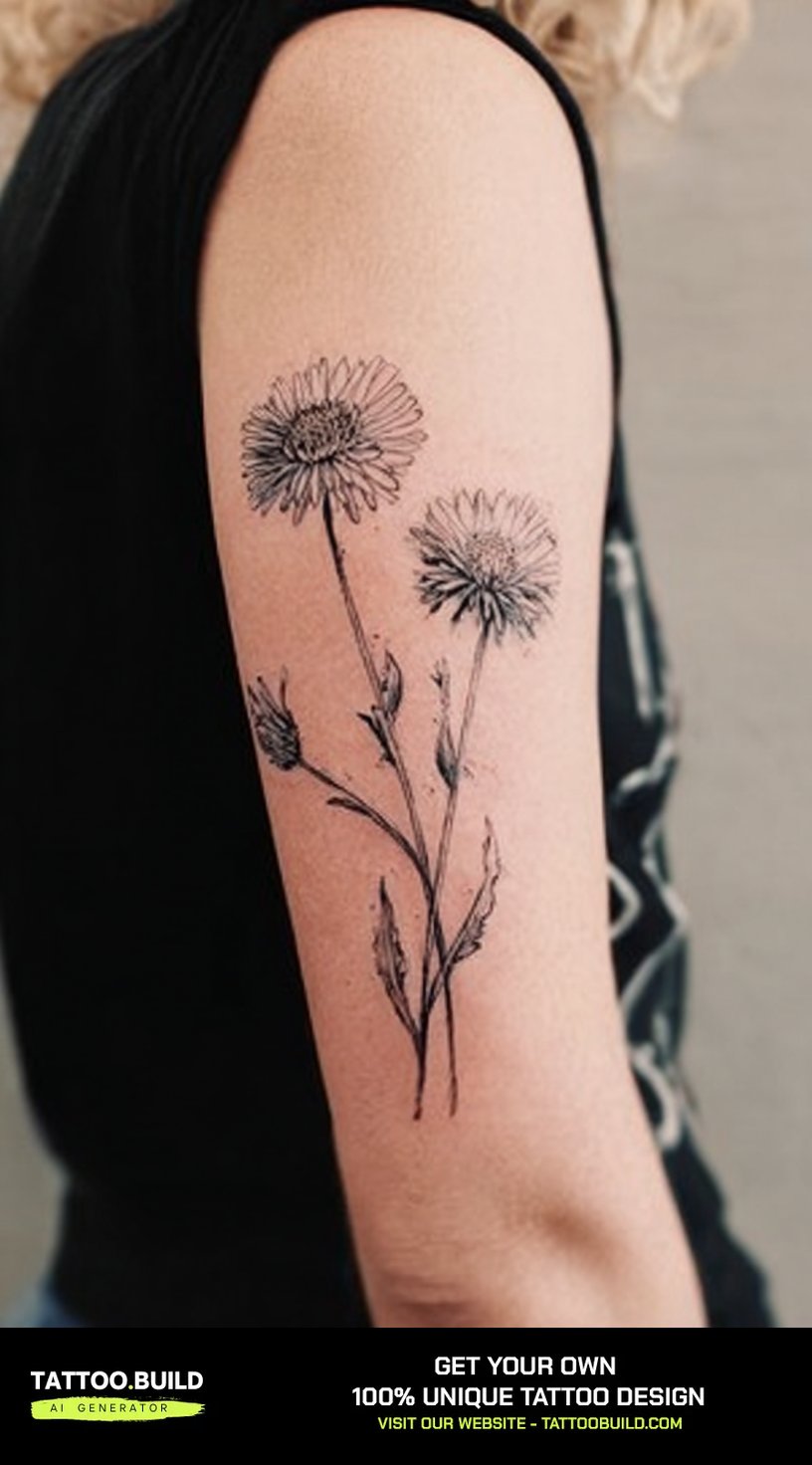 Fine line black and grey aster birth flower tattoo on the upper arm