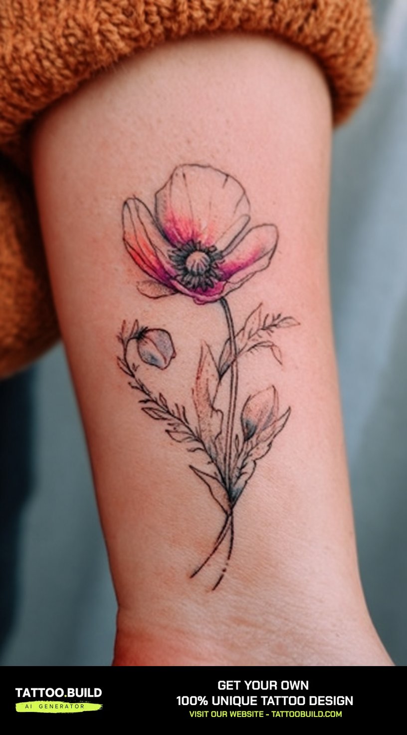 Pink poppy birth flower tattoo with a soft colour wash near the wrist