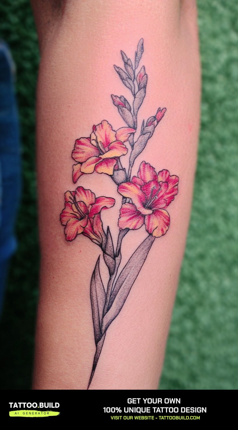 Pink and yellow gladiolus birth flower tattoo along the forearm