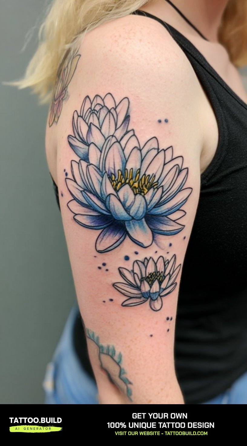 Water lily birth flower tattoo in blue ink across the shoulder and upper arm