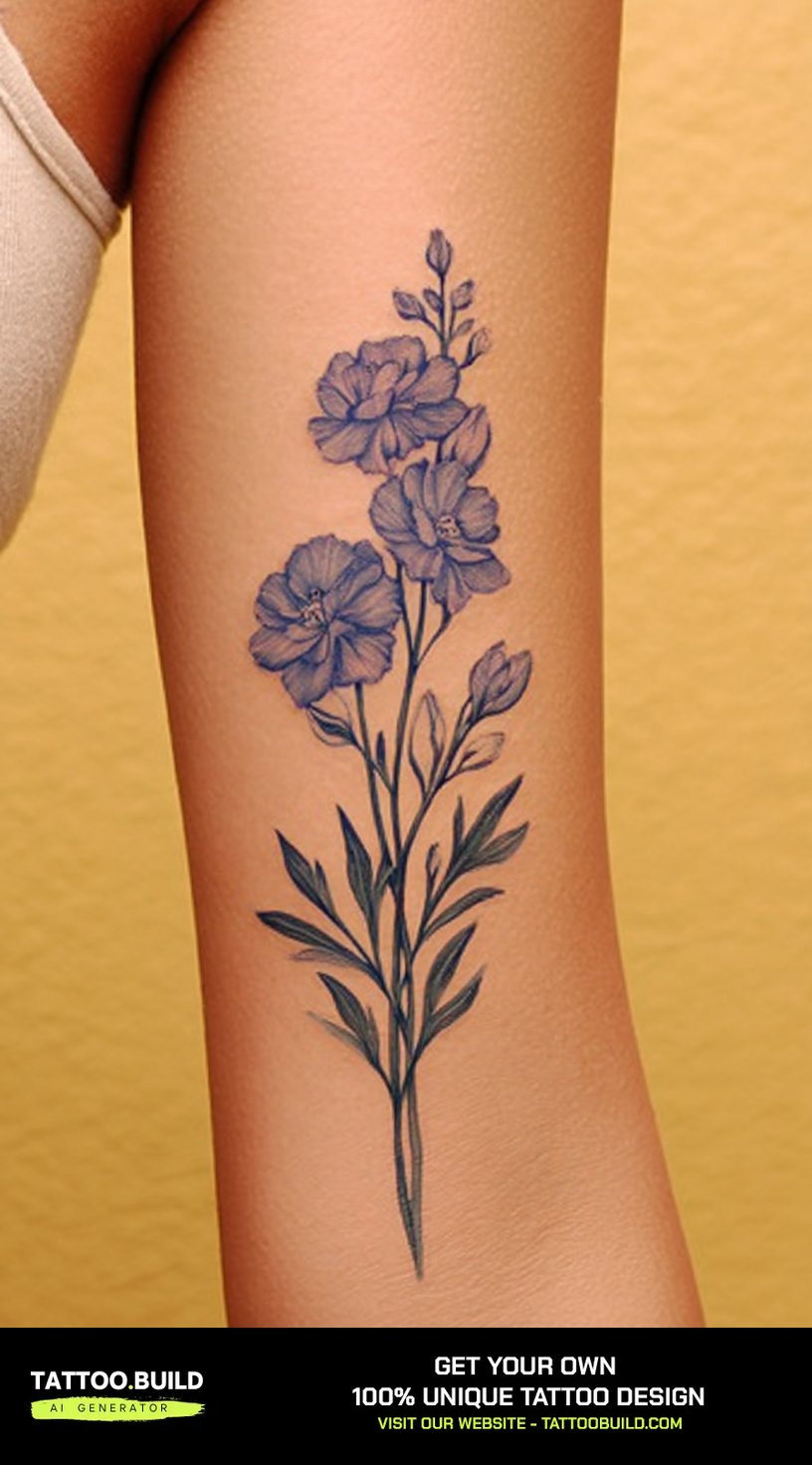 Blue violet larkspur birth flower tattoo running up the forearm