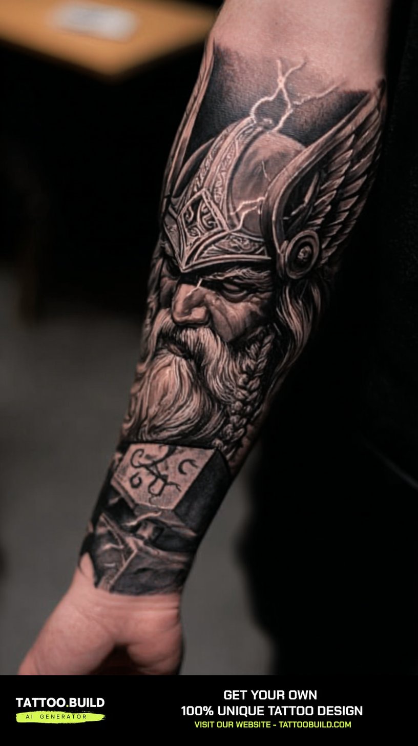 Norse themed half sleeve tattoo for men featuring ravens and knotwork