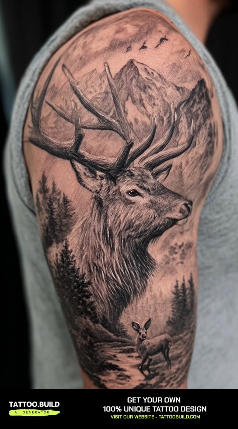 Nature tattoo for men showing an elk with wide antlers standing in a forest