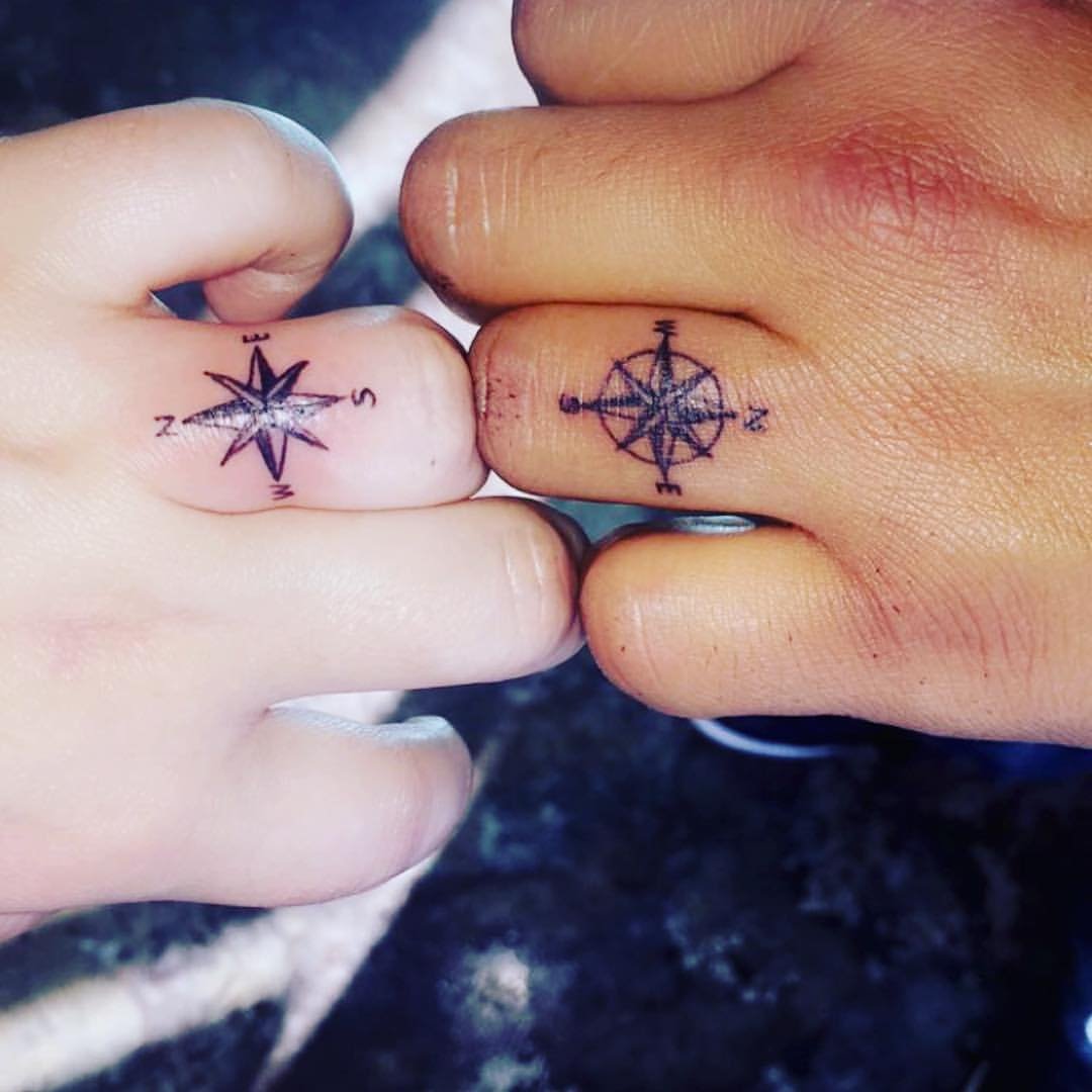 Compass wedding ring tattoo with fine detailed points on the ring finger