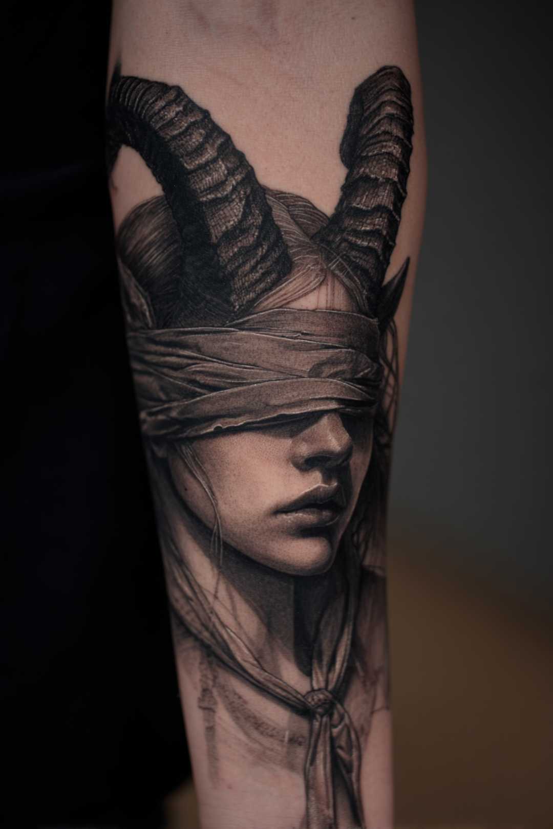 Witch portrait dark feminine tattoo with horns, veil and smoke detail