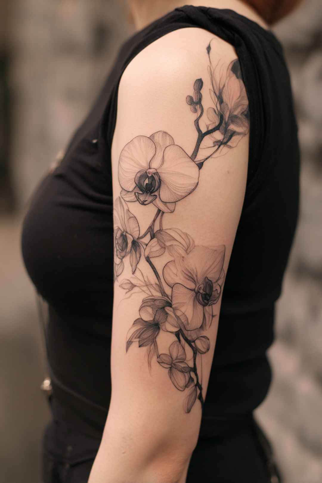 Orchid half sleeve tattoo for women with trailing stems that follow the curve of the arm