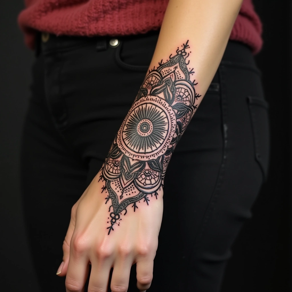 Mandala bracelet style wrist tattoo for women
