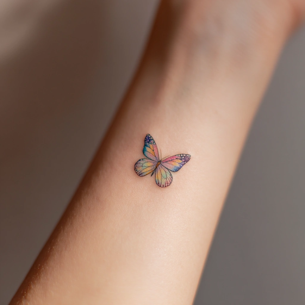 Small watercolor butterfly tattoo design elegantly placed on feminine inner wrist