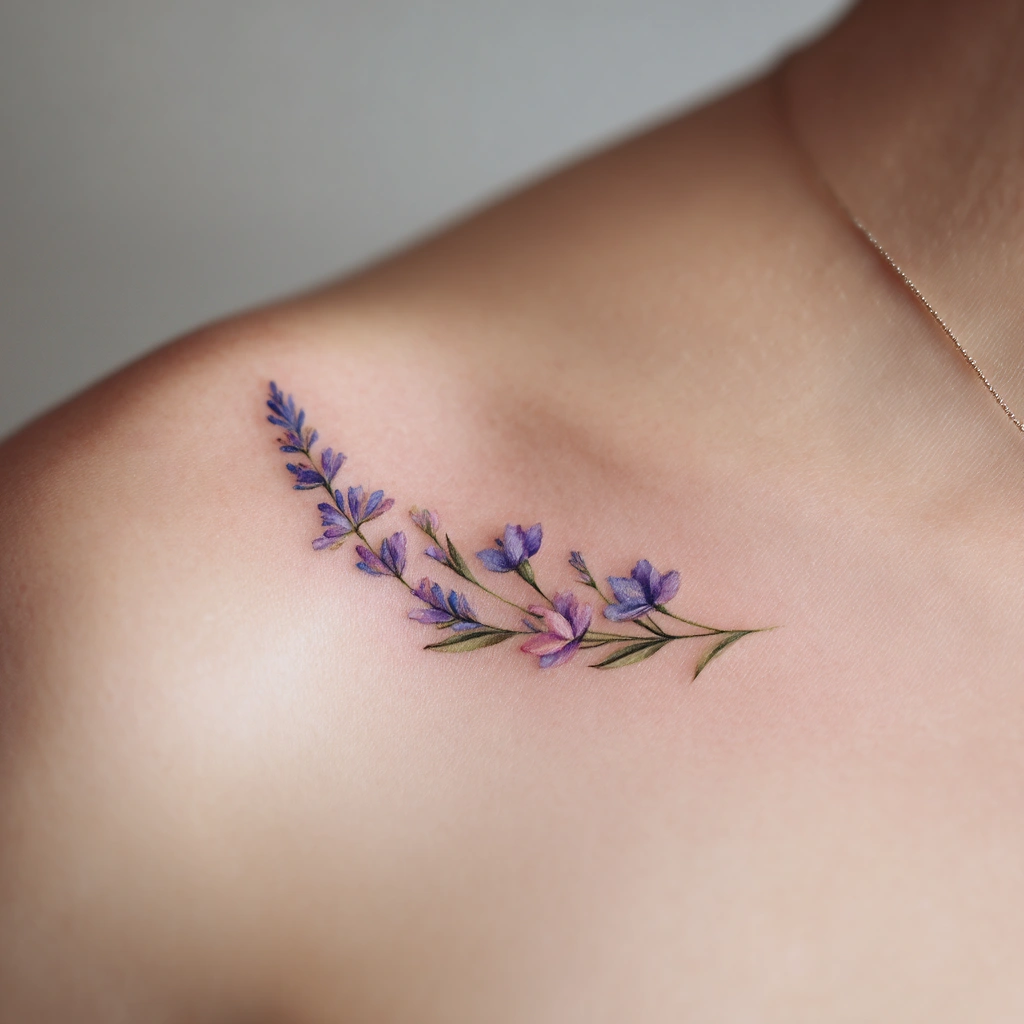 Feminine lavender flower tattoo gracefully positioned on delicate collarbone (variation 2)