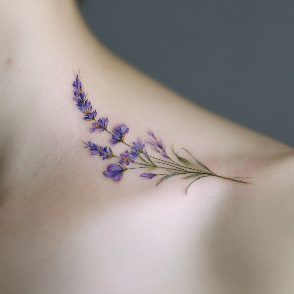 Feminine lavender flower tattoo gracefully positioned on delicate collarbone (variation 3)