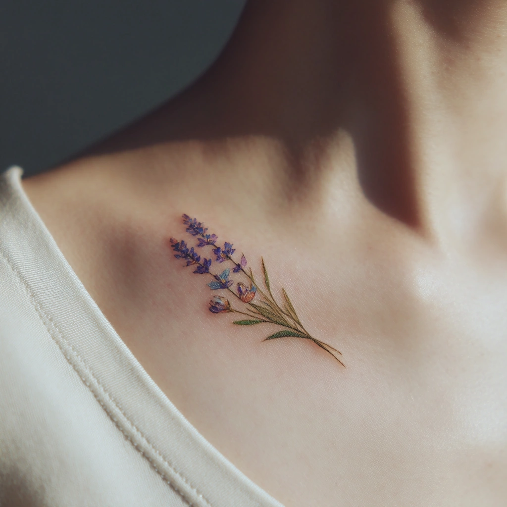 Feminine lavender flower tattoo gracefully positioned on delicate collarbone (variation 4)