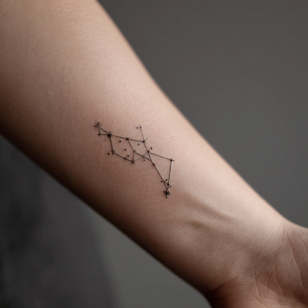 Subtle astronomical constellation small tattoo design on woman's forearm (variation 4)