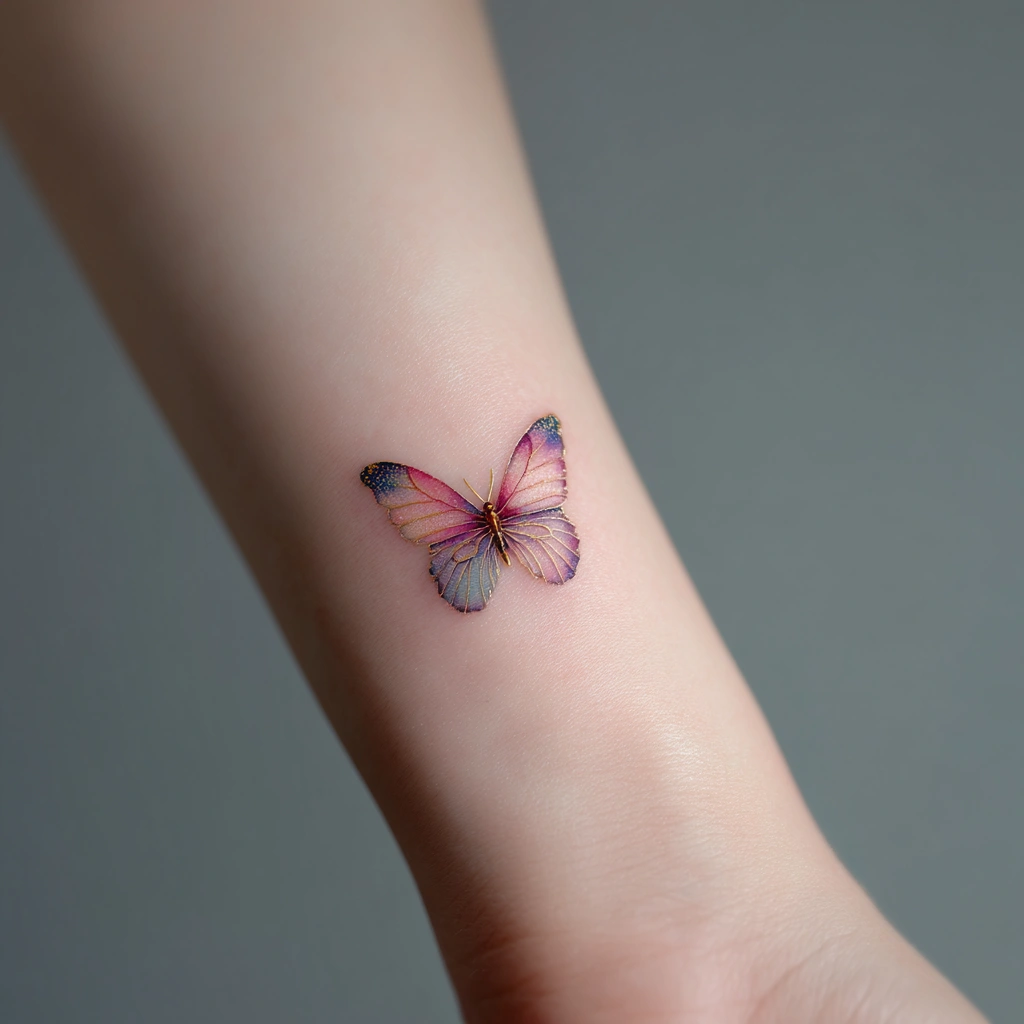 Small watercolor butterfly tattoo design elegantly placed on feminine inner wrist (variation 4)
