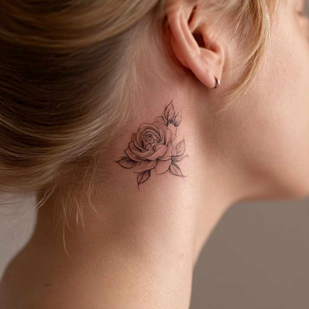 Delicate single-line rose tattoo artfully positioned behind woman's ear