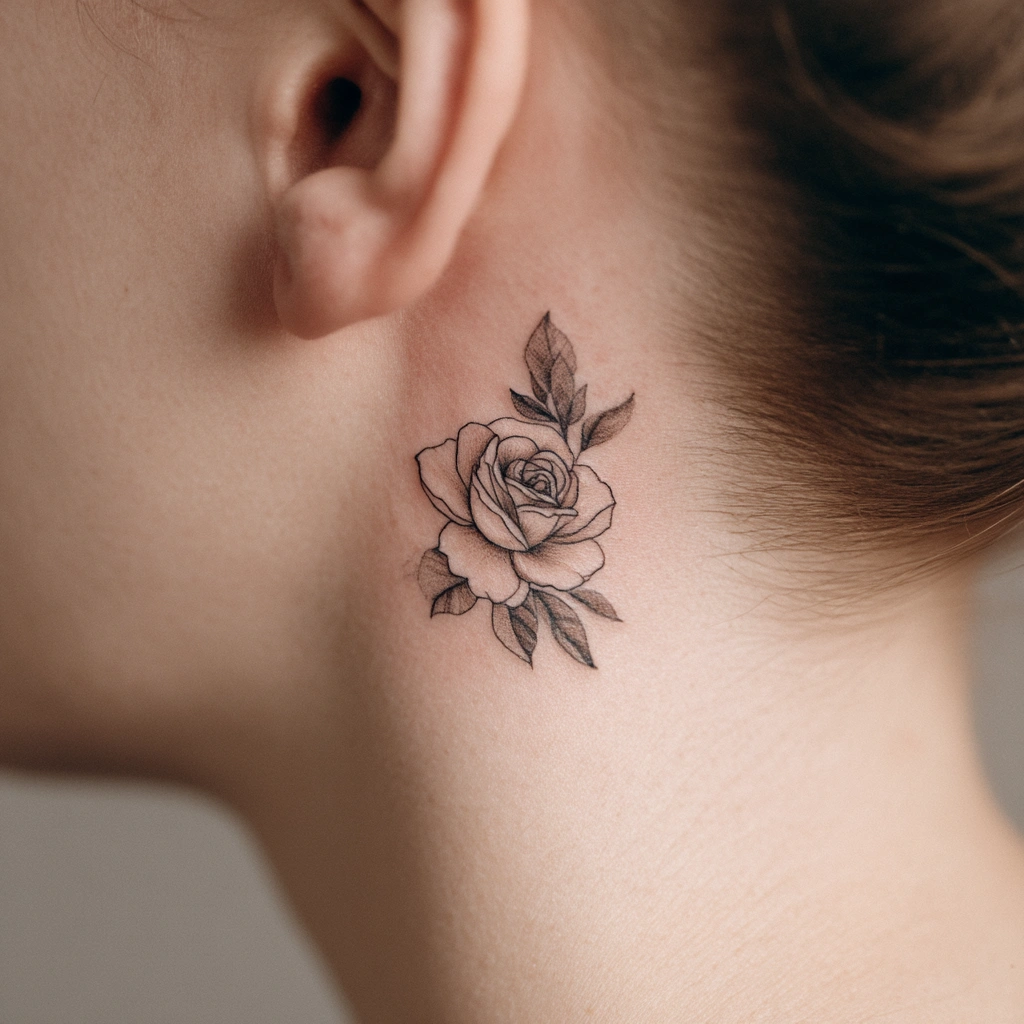 Delicate single-line rose tattoo artfully positioned behind woman's ear (variation 2)