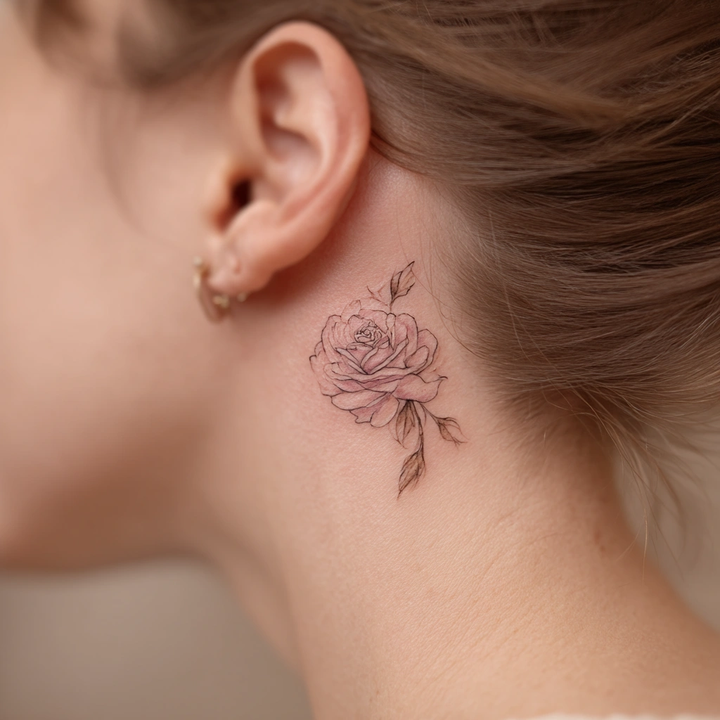 Delicate single-line rose tattoo artfully positioned behind woman's ear (variation 3)