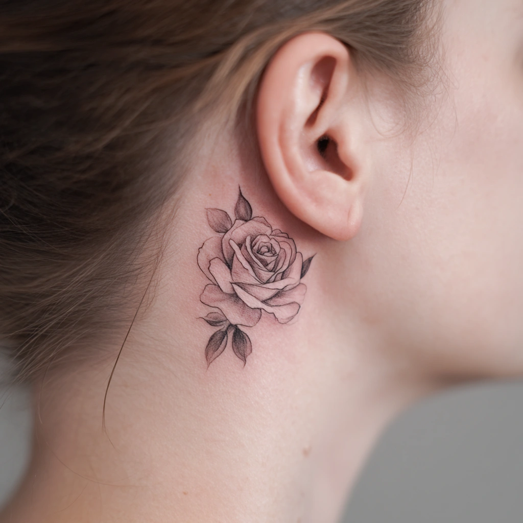 Delicate single-line rose tattoo artfully positioned behind woman's ear (variation 4)
