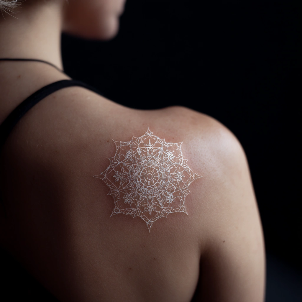 Elegant geometric mandala small tattoo design on woman's shoulder area (variation 2)