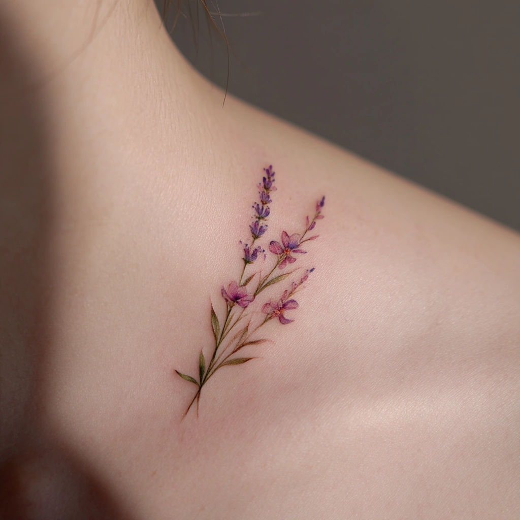Feminine lavender flower tattoo gracefully positioned on delicate collarbone