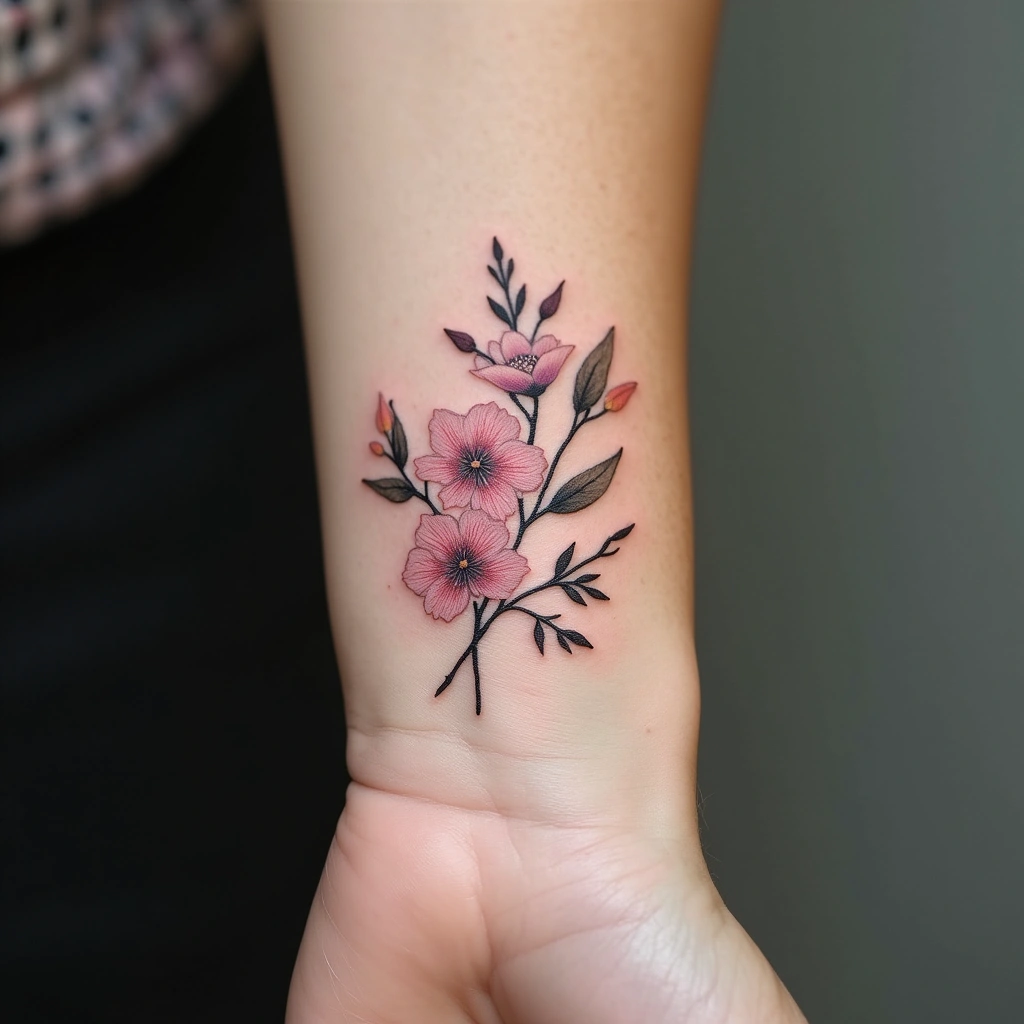 Elegant watercolor flower vine wrist tattoo design