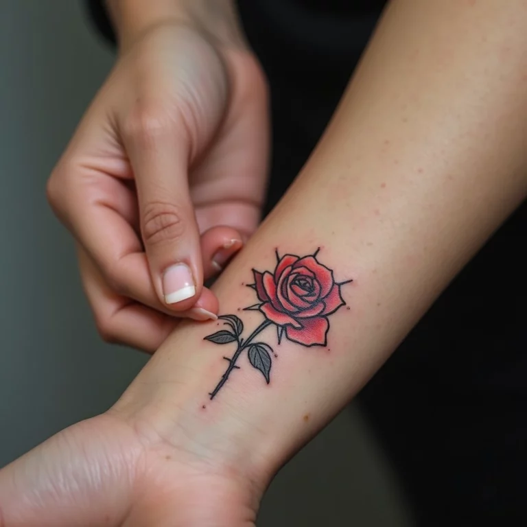 Delicate rose wrist tattoo on woman's inner arm