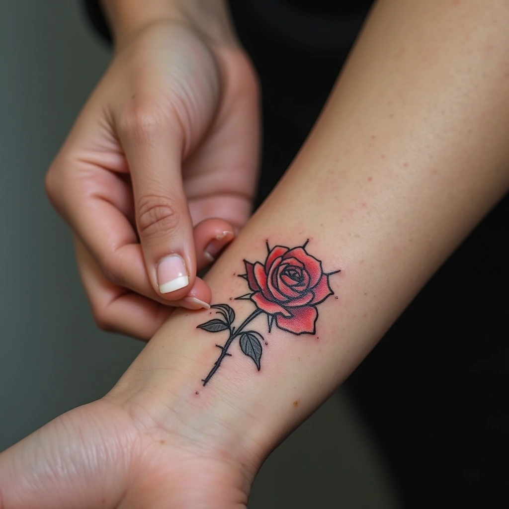 Delicate rose wrist tattoo on woman's inner arm