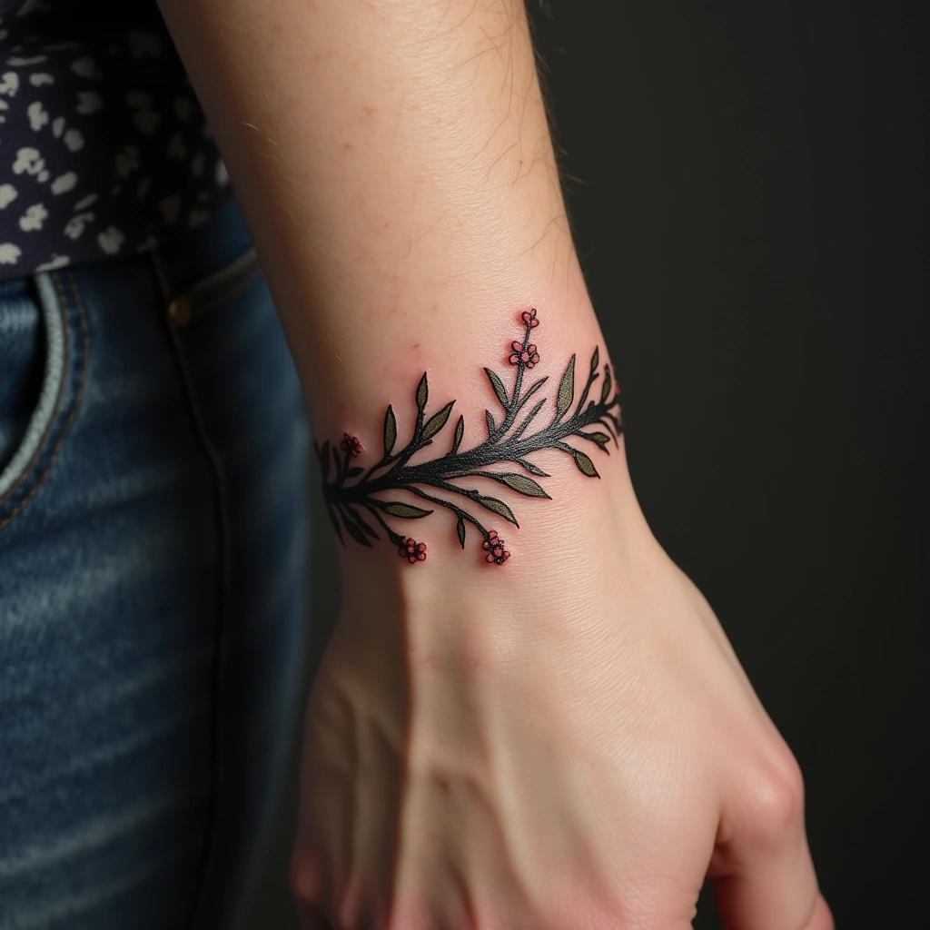 Vine bracelet tattoo wrapping around woman's wrist
