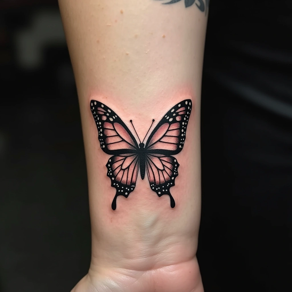 Detailed butterfly tattoo on woman's inner wrist