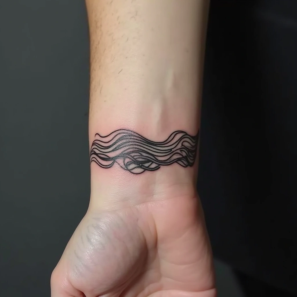 Ocean wave pattern tattoo on woman's wrist