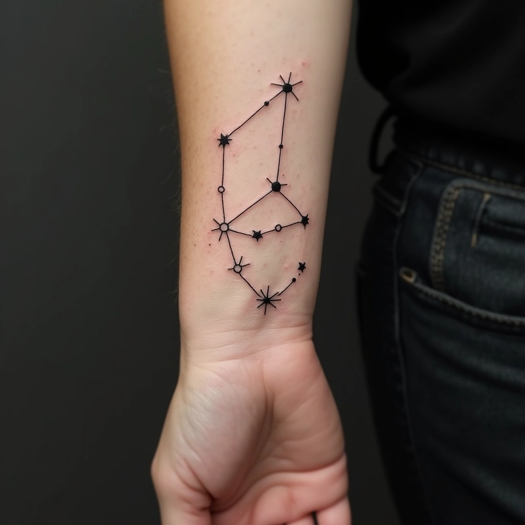 Constellation stars tattoo on woman's outer wrist