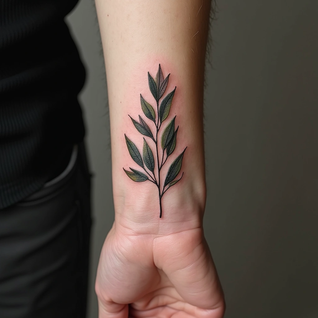 Eucalyptus leaves botanical tattoo on woman's wrist